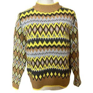 Zara Knit Geometric Diamond & Chevron Pattern Sweater Yellow/Brown L